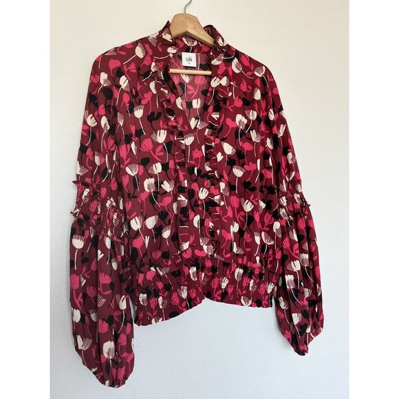 CABI Poppy Floral Blouse Sz M Ruffle Split Neck Balloon Sleeves Ruche Waist Boho - Picture 8 of 12